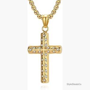 Men's Stainless Steel Evil Eye Cross Necklace with Cubic Zirconia